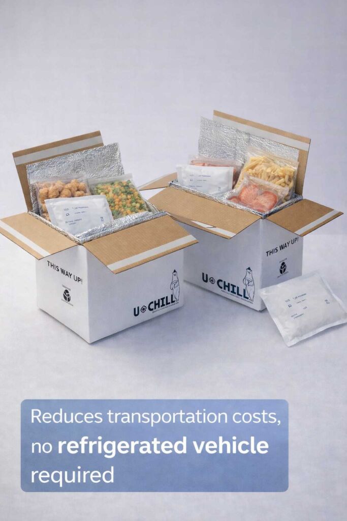 “Chilled packaging with gel ice packs keeping fresh food cold during delivery”