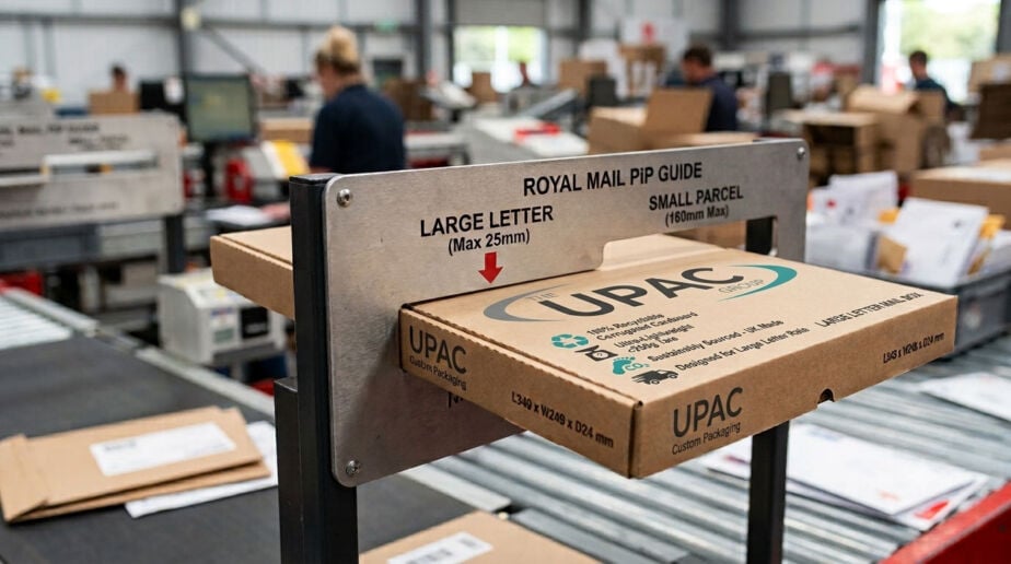 A bespoke UPAC Group corrugated cardboard mailer box (349 x 249 x 24 mm) being tested through a metal Royal Mail Large Letter 25mm slot gauge in a UK fulfillment center.