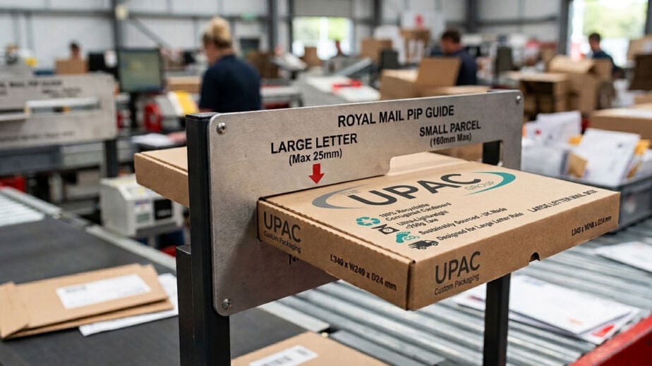 A bespoke UPAC Group corrugated cardboard mailer box (349 x 249 x 24 mm) being tested through a metal Royal Mail Large Letter 25mm slot gauge in a UK fulfillment center.